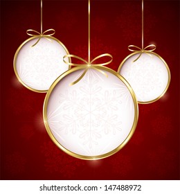 Red Christmas background with three bauble, illustration. 