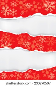Red christmas background with torn paper. Red  grunge  snowflakes background with torn paper with place for your text or image. Vector illustration. 
