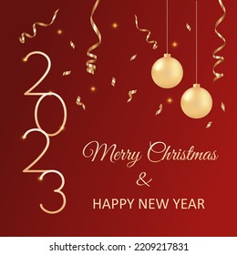 Red Christmas background with Christmas toys and wishes for a Merry Christmas and a Happy New Year