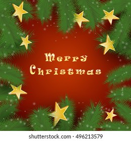 Red Christmas background with Christmas tree branches and stars