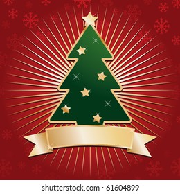 red christmas background and tree   gold banner ready for text