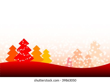 Red christmas background with trees.