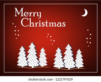 Red Christmas Background vector card with Merry Christmas text, tree and moon illustration design