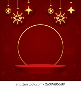 Red Christmas background vector with hanging ornament ball decoration, snowflake pattern, and circular podium stage for holiday celebration, winter festive display design