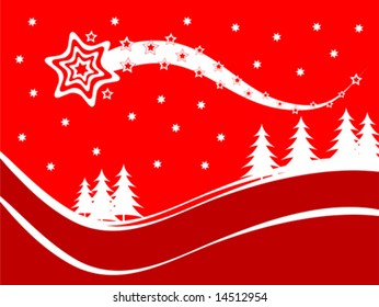 Una ilustración vectorial de fondo de Navidad roja con una estrella fugaz sobre una colina cubierta de nieve con árboles de navidad blancos