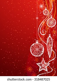 Red Christmas Background. Vector background with snowflakes, Christmas balls and decorations on grunge ornate background. There is copy space for your text. 