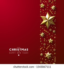 Red Christmas Background with Vertical Border made of Cutout Gold Foil Stars,  Beads and Confetti. Chic Christmas Greeting Card.