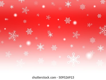 Red Christmas background with white falling snowflakes and luminous wheels white stripe down. Winter background with snowfall