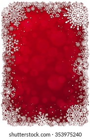 Red Christmas background with white frame of snowflakes. Vertical vector illustration.