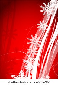 Red Christmas background with white lines and snowflakes