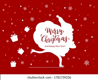 Red Christmas background. White Santa silhouette with a bag of gifts. Santa on skates is rushing to the holiday. Illustration can be used for children's holiday design, cards, invitations, banners