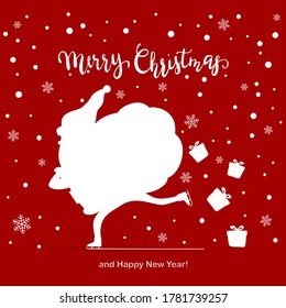 Red Christmas background with white Santa silhouette with a bag of gifts. Santa on skates is rushing to the holiday. Illustration can be used for children's holiday design, cards, invitations, banner
