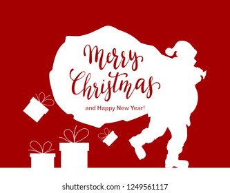 Red Christmas background with white Santa's silhouette and gifts, illustration.