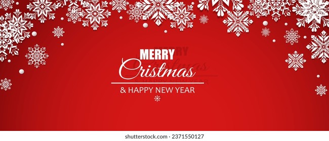 Fondo de Navidad roja con copos de nieve blancos y texto de Año Nuevo Feliz. Magnífica tarjeta navideña.