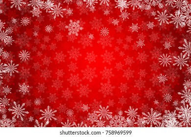 Red Christmas background with white snowflakes. Snowy winter holidays vector illustration. Space for your text.