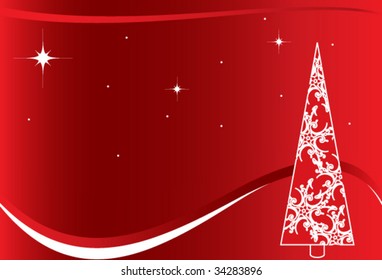 Red Christmas background with white Tree