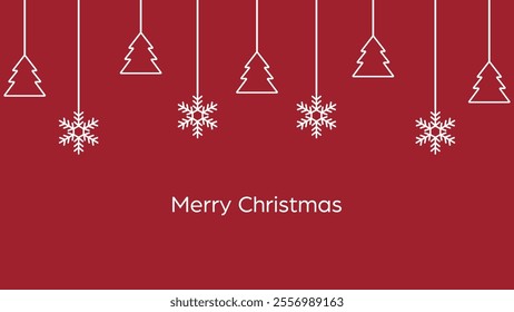 Red Christmas background with white Christmas trees and snowflakes