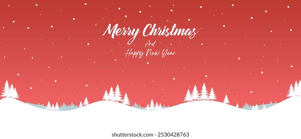 Fundo de Natal vermelho, paisagem de floresta de inverno. Com texto Feliz Natal e Feliz Ano Novo, para cartão de saudação, banner de Ano Novo com árvores nevadas, neve, estrelas, floresta nevada.