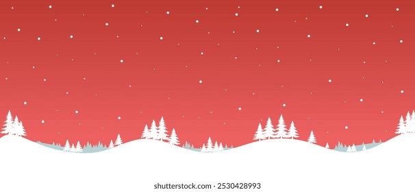 Red Christmas background, winter forest landscape, for greeting card, New Year banner with snowy trees, snow, stars, snowy forest.