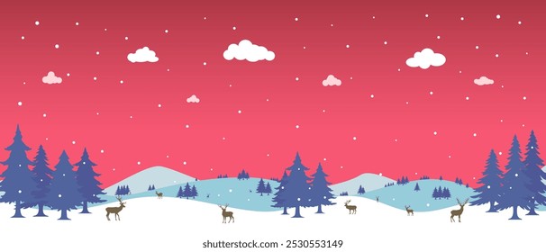 Red Christmas background, winter forest landscape. For greeting cards, New Year banner with fir trees in the snow, snowy forest and reindeer.