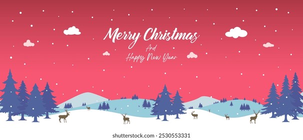 Red Christmas background, winter forest landscape. With text Merry Christmas and Happy New Year, for greeting cards, New Year banner with fir trees in the snow, snowy forest and reindeer.
