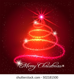 Red christmas background with x-mas tree stars and shining elements. Vector illustration