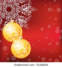 Red Christmas background with yellow decoration balls and snowflake, vector, eps10