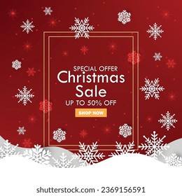 Red Christmas background with a yellow frame and snowflakes