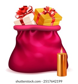 Red Christmas bag filled with wrapped gift, placed next to a lit candle on a white background.