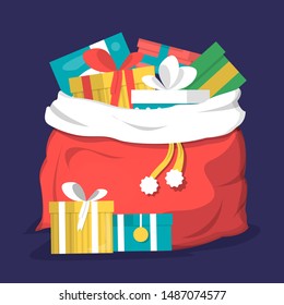 Red christmas bag full of gift box vector isolated. Holiday surprise, santa claus sack. Postcard decoration, design element.