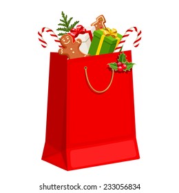 Red Christmas bag with gifts isolated on a white background. Vector illustration.