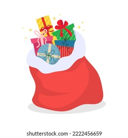 Red Christmas bag with gifts from Santa. Vector illustration.