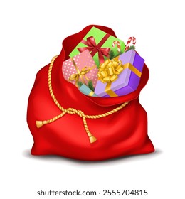 Red Christmas bag overflowed with gifts realistic vector illustration. Joyful holiday with Santa sack 3d object on white background