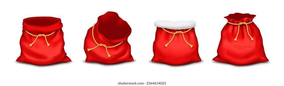 Red Christmas bags with golden ropes realistic color icons set. Santa Claus sacks for children gifts and sweets 3d objects bundle on white