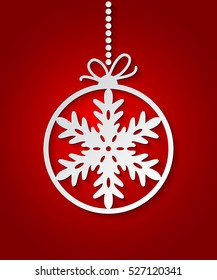 Red Christmas Ball background with paper snowflakes. Christmas card. Xmas invitations template. Vector illustration