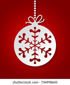 Red Christmas Ball background with paper snowflakes. Christmas card flake. Xmas invitations template. Vector illustration