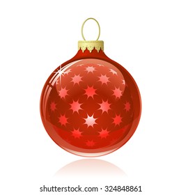 Red Christmas ball. Christmas bauble with star shapes and reflections. Vector illustration