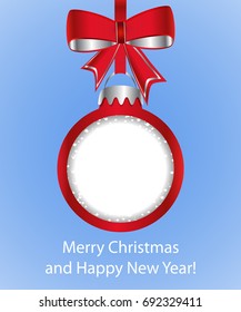 Red Christmas ball with bow cutted from paper on blue background. Vector illustration.