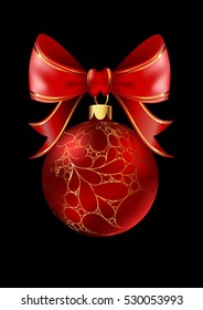 Red Christmas ball with a bow, isolated on black background. Vector illustration.