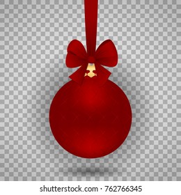 Red Christmas ball with a bow isolated on a transparent background. Vector illustration. Element of design.