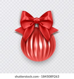 Red Christmas ball with bow. New Year decoration isolated on white background, Vector eps 10 format