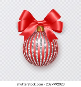 Red Christmas ball with bow. New Year decoration isolated on white background