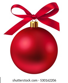 Red Christmas ball with bow. New Year decoration. Vector illustration