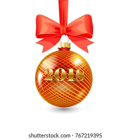 Red Christmas ball with bow and ribbon on white background. Holiday vector illustration with Golden numbers 2018.