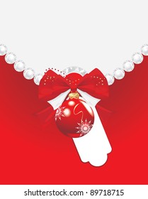 Red Christmas ball with bow and stresses. Festive card. Vector
