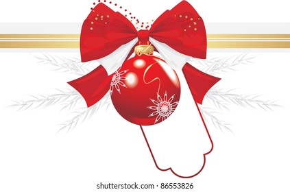 Red Christmas ball with bow and tinsel. Festive border. Vector