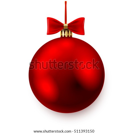 Red christmas ball with bows on white background. Vector illustration.