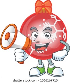 Red christmas ball cartoon with megaphone mascot