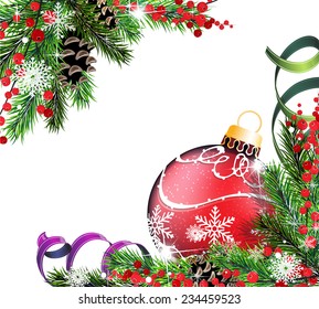 Red christmas ball, cones, berries and fir tree branches on white background