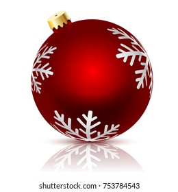 red Christmas ball decorated with Winter Snowflakes on a white background. Vector illustration.